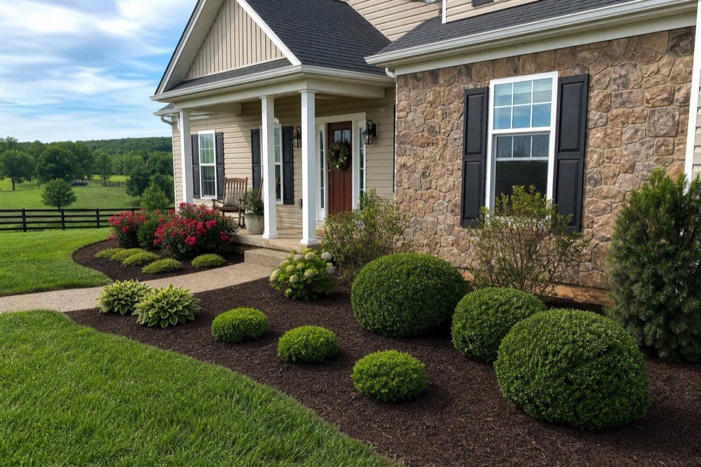 landscaping & mulch beds after — cleaned up by Flanagan Rural Lawn Care near De Mossville, KY